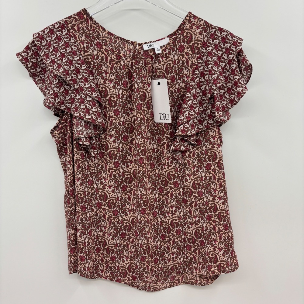 DR2 Blouse Women Medium Pink Burgundy Paisley Flutter Sleeve Cottage Core New